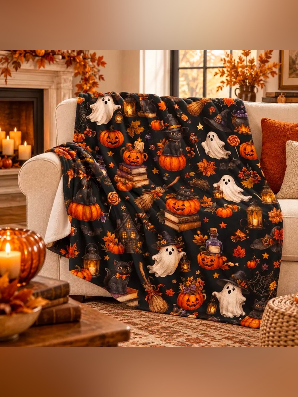 Spooky Season Black Cat Ghost Pumpkin Witchy Fall Throw Blanket